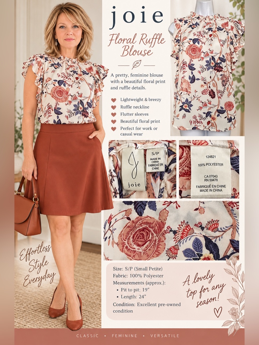 Joie Floral Ruffle Sleeve Blouse – Size S/P